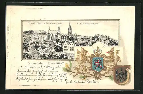 Wappen-Passepartout-Lithographie Oppenheim a. Rhein, Obst und Weinbauschule, St. Katharinenkirche