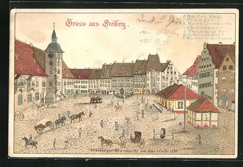 Lithographie Freiberg, Ansicht des Obermarkts um das Jahr 1790