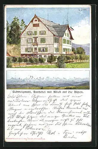 Künstler-AK Schweigmatt, Kurhotel mit Blick auf die Alpen