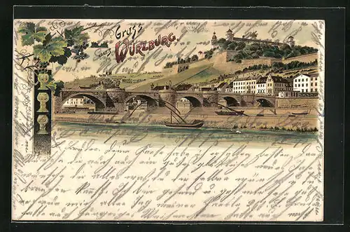Lithographie Würzburg, Ortspartie mit Brücke und Booten