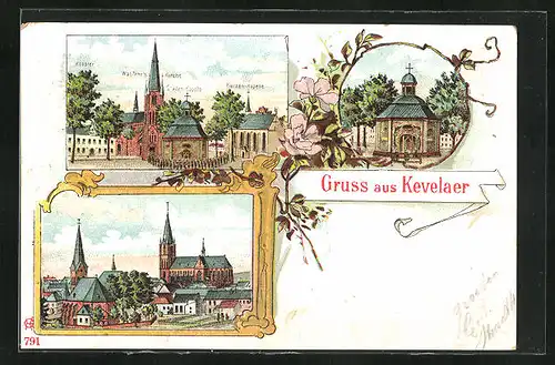 Lithographie Kevelaer, Kloster mit Wallfahrts-Kirche, Kerzen-Kapelle und Gnaden-Kapelle, Ortspartie