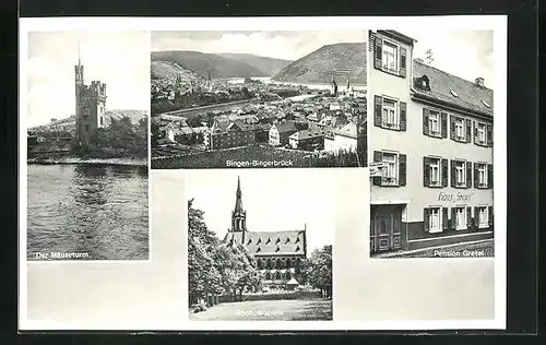 AK Bingen am Rhein, Hotel-Pension Haus Gretel, Bingerbrück, Rochuskapelle, Mäuseturm