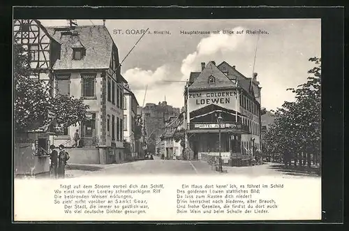 AK St. Goar a. Rh., Hauptstrasse mit Blick auf den Rheinfels & Hotel Jung