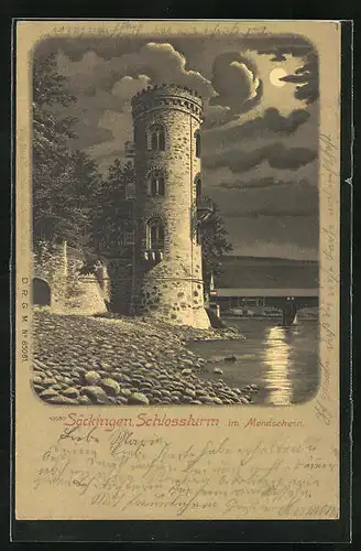Mondschein-Lithographie Säckingen, Schlossturm im Mondschein