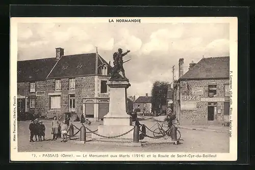 AK Passais, Le Monument aux Morts, Route de Saint-Cry-du-Bailleul