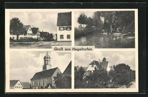 AK Hegelhofen, Kirche, Uferpartie, Ortspartie mit Gänsen