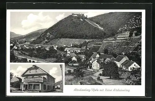 AK Altenbamberg / Pfalz, Gasthaus zur Altebaumburg, Teilansicht mit Ruine Altebaumburg