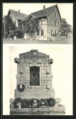 AK Feldbergen, Gasthaus von Karl Kreuzberg, Denkmal der gefallenen Soldaten