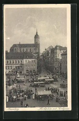 AK Annaberg, Handelstag auf dem Marktplatz, Blick mit Kirche
