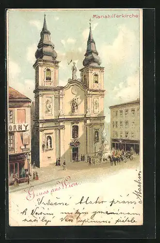 Lithographie Wien, Partie mit Mariahilfkirche