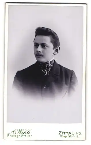 Fotografie A. Wehle, Zittau i. / S., Junger Mann mit Oberlippenbart trägt bestickten Schal