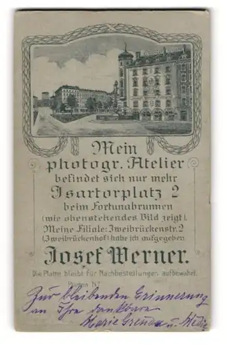 Fotografie Josef Werner, München, rücks. Ansicht München, Atelier Isartorplatz 2, vorders. Portrait