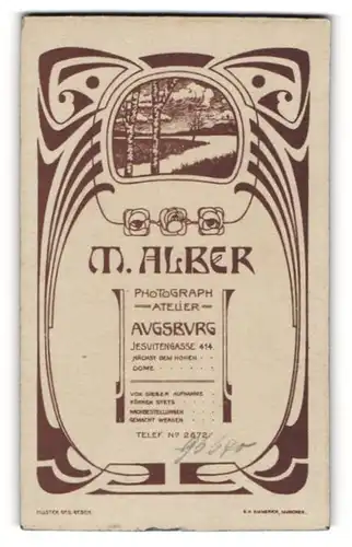 Fotografie M. Alber, Augsburg, rückseitig Jugendstilornamente und Landschaft