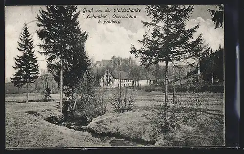 AK Oberschöna bei Freiberg, Gasthaus Waldschänke Ölmühle, von einem Bach aus gesehen