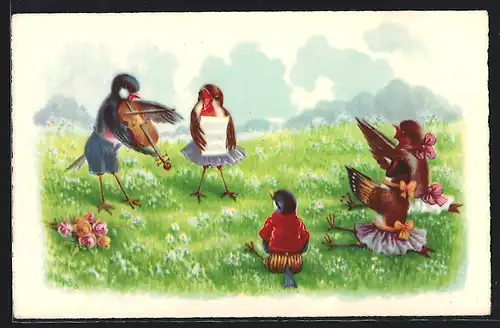 AK vermenschlichte Vögel beim Musikunterricht