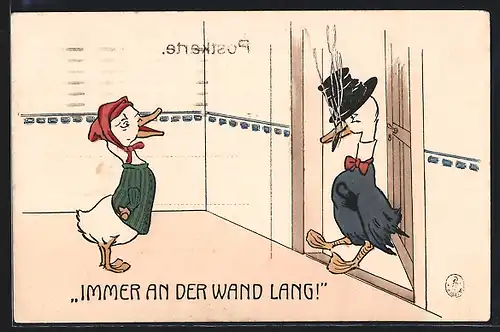 AK Betrunkener Erpel wird von seiner Ente mit gutmütigem Spott empfangen