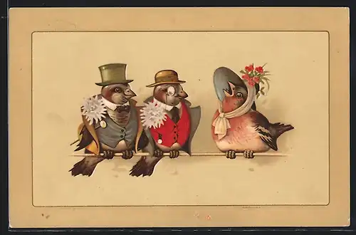 AK Zwei Vogel-Kavaliere machen einer Dame ihre Aufwartung