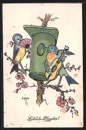 Künstler-AK Vogel-Troubadour bezirzt seine Herz-Dame mit einem Ständchen