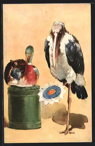 Künstler-AK Klapperstorch auf einem Bein und Ente