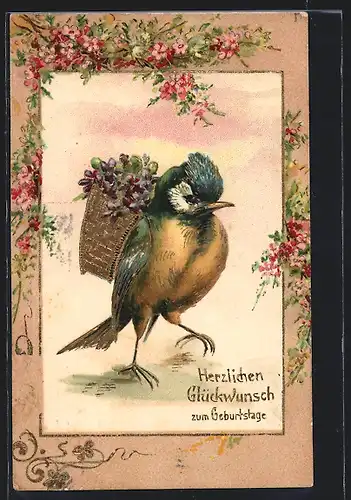 Präge-AK Meisen-Hähnchen mit einer Kiepe voller Veilchen