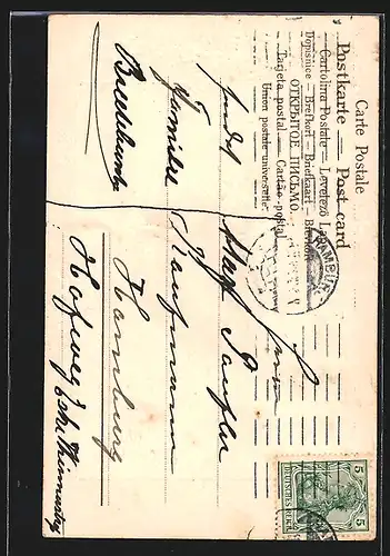 Präge-AK Meisen-Hähnchen mit einer Kiepe voller Veilchen