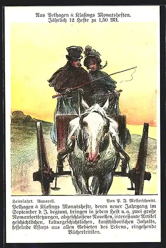 AK Reklame für die Zeitung Velhagen & Klasings Monatshefte, Paar mit der Kutsche auf dem Heimweg