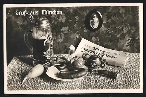 AK München, Brotzeit mit Wurst, Radi und Bier