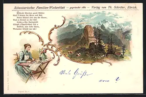 Lithographie Zürich, Schweizerisches Familien-Wochenblatt, Verlag v. Th. Schröter, Frau liest die Zeitung