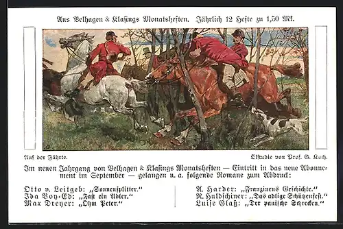 Künstler-AK Jäger reiten durch den dichten Wald, Jagd