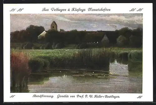 Künstler-AK sign. Keller: Reutlingen, Abendstimmung am Flussufer??