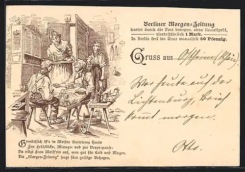 AK Illustrierte Postkarte der Berliner Morgen-Zeitung, In Meister Knieriems Haus
