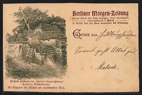 AK Illustrierte Postkarte der Berliner Morgen-Zeitung, Serie 4: Volkslieder, Es klappert die Mühle am rauschenden Bach
