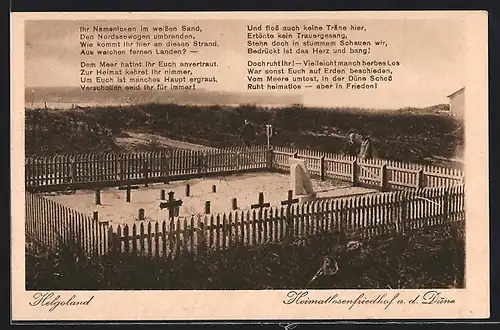 AK Helgoland, Heimatlosenfriedhof an der Düne, Gedicht
