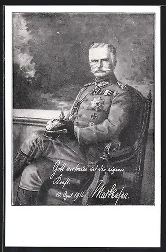 Künstler-AK Eberhard von Mackensen, sitzend in Uniform mit Orden und Eisernem Kreuz, Heerführer