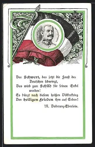 AK General von Linsingen, Portrait auf deutscher Fahne