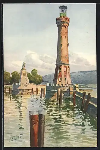 Künstler-AK J. Marschall: Lindau im Bodensee, Leuchtturm an der Hafeneinfahrt