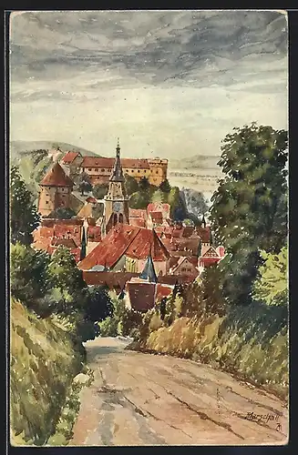 Künstler-AK Tübingen, Blick auf den Ort vom Oesterberg