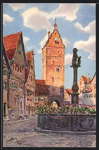 Künstler-AK Dinkelsbühl, Wörnitztor und Löwenbrunnen