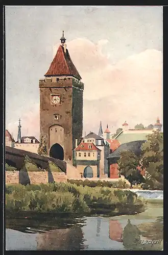 Künstler-AK J. Marschall: Esslingen a. N., Blick zum Pliensau-Tor