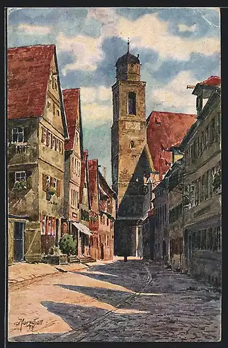 Künstler-AK J. Marschall: Dinkelsbühl, Turmstrasse mit Kirchturm