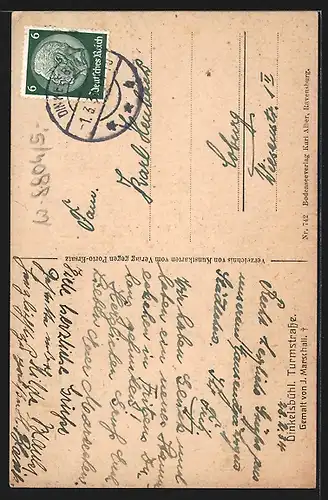 Künstler-AK J. Marschall: Dinkelsbühl, Turmstrasse mit Kirchturm