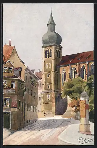 Künstler-AK Würzburg, Strassenpartie am Schottenanger mit Turm
