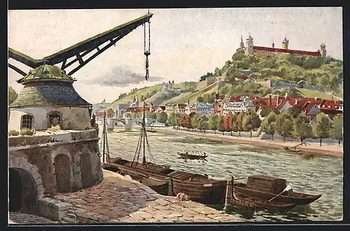 Künstler-AK J.Marschall: Würzburg, Kran und Festung