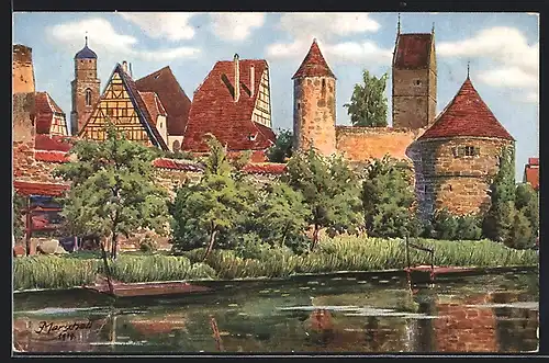 Künstler-AK J.Marschall: Dinkelsbühl, Partie am Mühlgraben