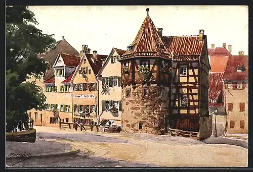 Künstler-AK J.Marschall: Stuttgart, Katharinenstrasse mit Schellenturm