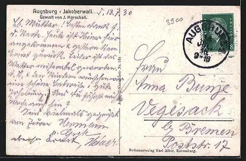 Künstler-AK J. Marschall: Augsburg, Am Jakoberwall