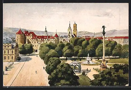 Künstler-AK J.Marschall: Stuttgart, Schlossplatz mit altem Schloss und Stiftskirche