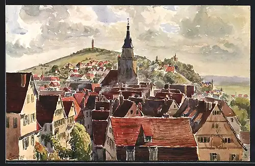 Künstler-AK J. Marschall: Tübingen, Blick vom Schloss auf die Ortschaft
