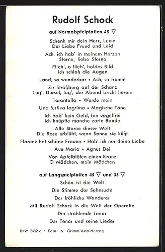 AK Opernsänger Rudolf Schock im weissen Hemd, Autograph