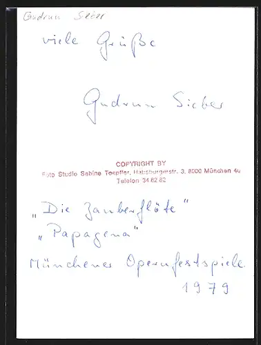 AK Opernsängerin Gudrun Sieber in Die Zauberflöte, mit original Autograph